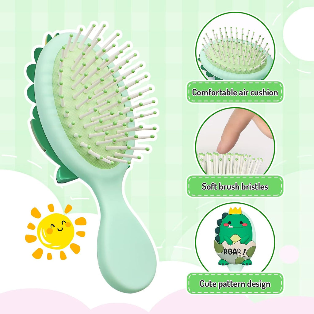 Toddler Hair Brush - Mini Hair Brush for Kids - Travel Brush for Boys and Girls - Baby Detangler Brush for Thin Hair - Dinosaur Brushes with Air Cushion - Green