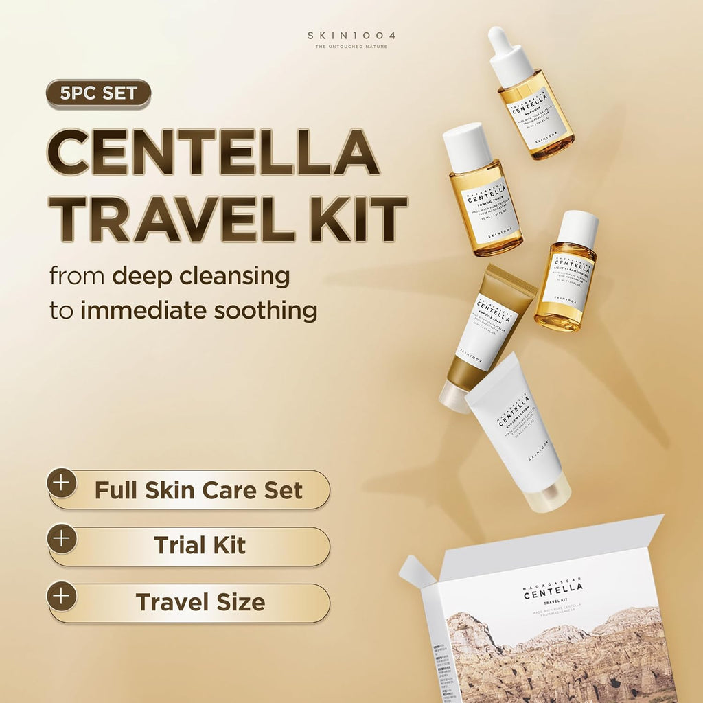 Centella Travel Kit, Korean Skin Care Set with Toner, Moisturiser, Serum, Cleansing Oil & Cleanser, Travel Size Set with Madagascar Centella, Sensitive Skin, Perfect for Travel Beauty & Gifts