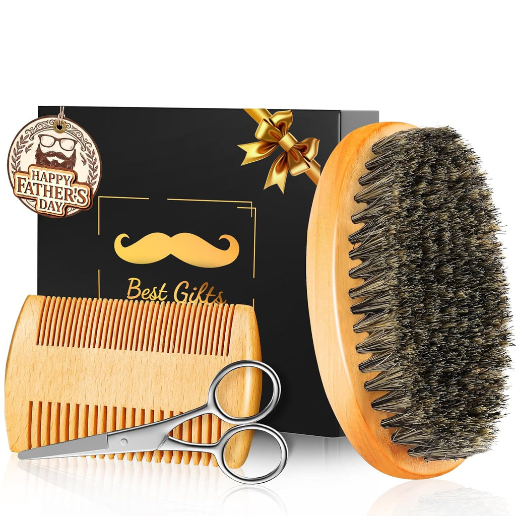 Beard Brush Beard Comb Set for Men Dad Husband: Father's Day Dad Gifts from Daughter Wife, Beard Care Kit, Natural Boar Bristle Brush Pear Wood Comb, Travel Facial Hair Grooming as a Styling Tool
